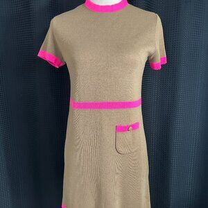 Fabulous Vintage 70s Charlie's Girls Brown and Day Glo Pink Trim Knit Dress EUC